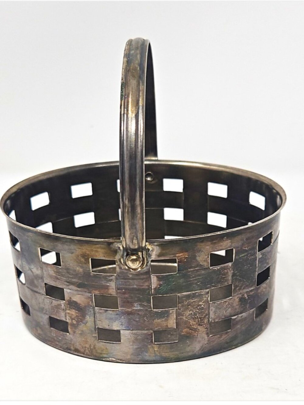 Vintage Silver Plated Swing Hinge Handle Pierce Cut Woven Trinket Basket 4.5 x 2